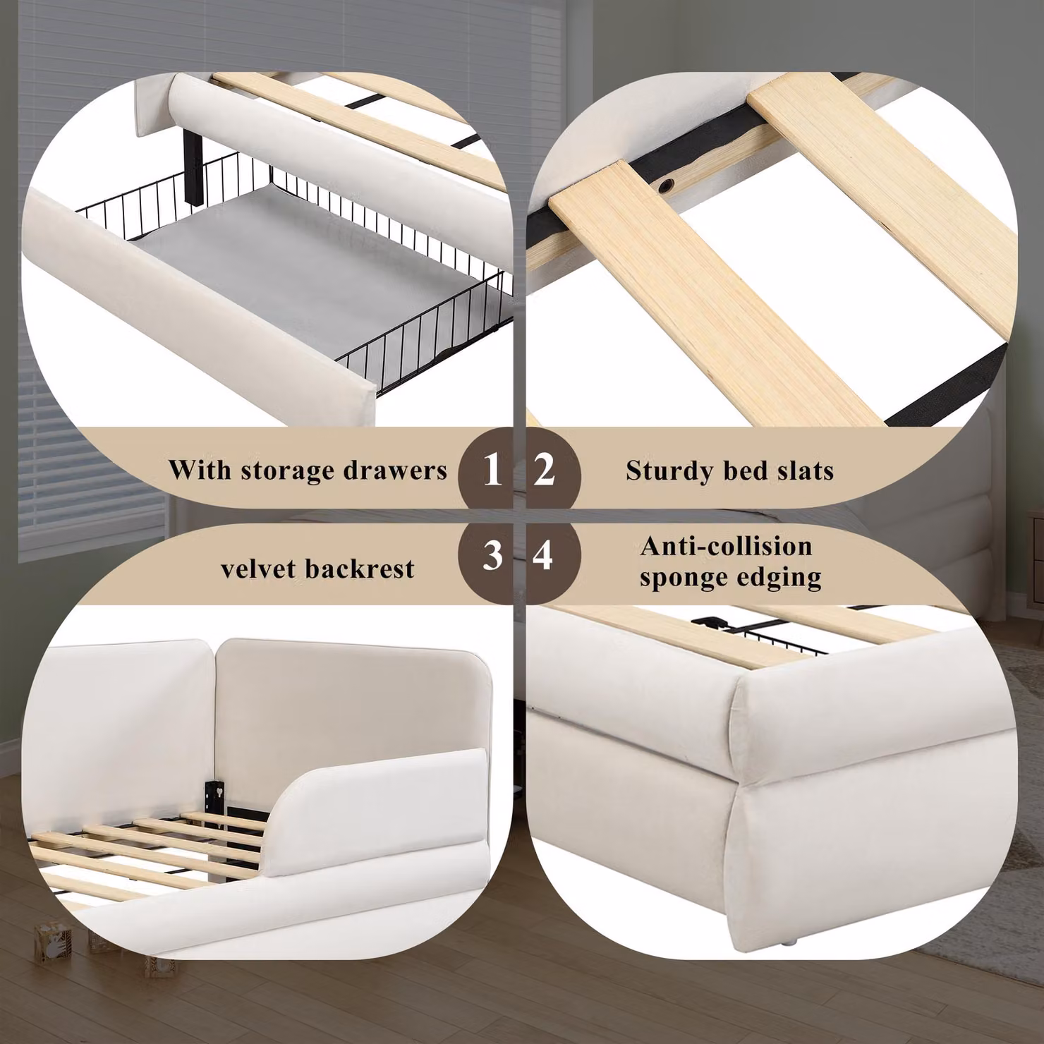 Aosom UK Beige Velvet Upholstered Single Daybed with Drawer and Side Rails, L: 205.5 cm, W: 80 cm, H: 98 cm – 3