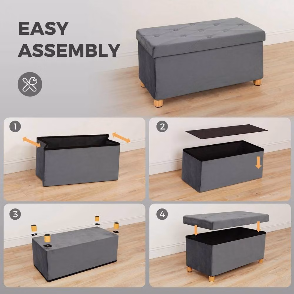 NESTLUNE Velvet Upholstered Foldable Ottoman Footrest in Grey, W/D/H: 100 x 15 x 15 cm – 3