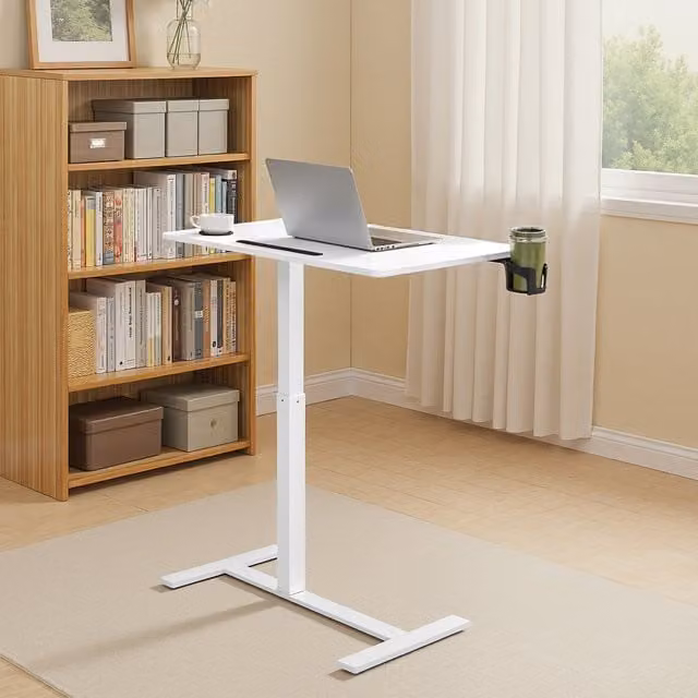 VASAGLE Height Adjustable Overbed Table with Castors, White Rectangular Standing Desk