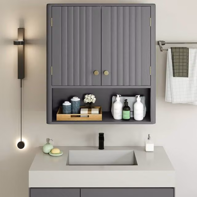Costway Modern Fluted Double Door Bathroom Wall Cabinet in Grey Matt – 1