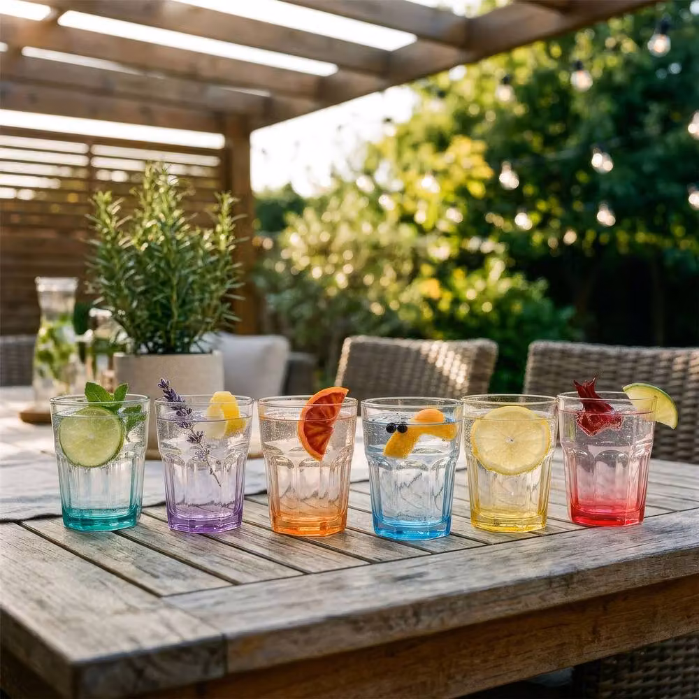 Argon Tableware Geometric Panelled Glass Tumblers with Multicolour Base, 285ml, Pack of 6 – 3