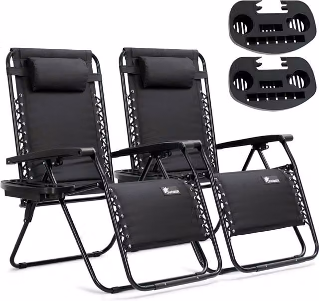SUNMER Set of 2 Modern Recliner Chairs in Grey and Black with Textilene Fabric and Powder Coated Steel Frame