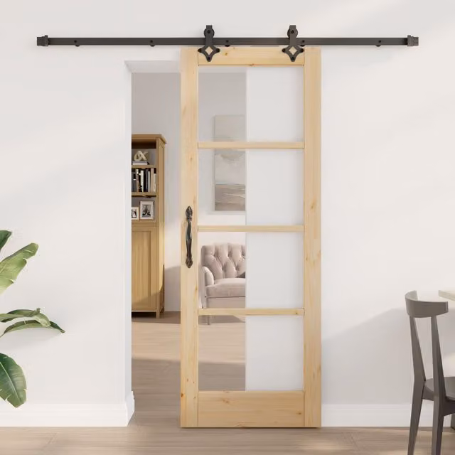Berkfield Home Orkdal Sliding Door with Hardware Set in Beige, Solid Wood and Glass – 1