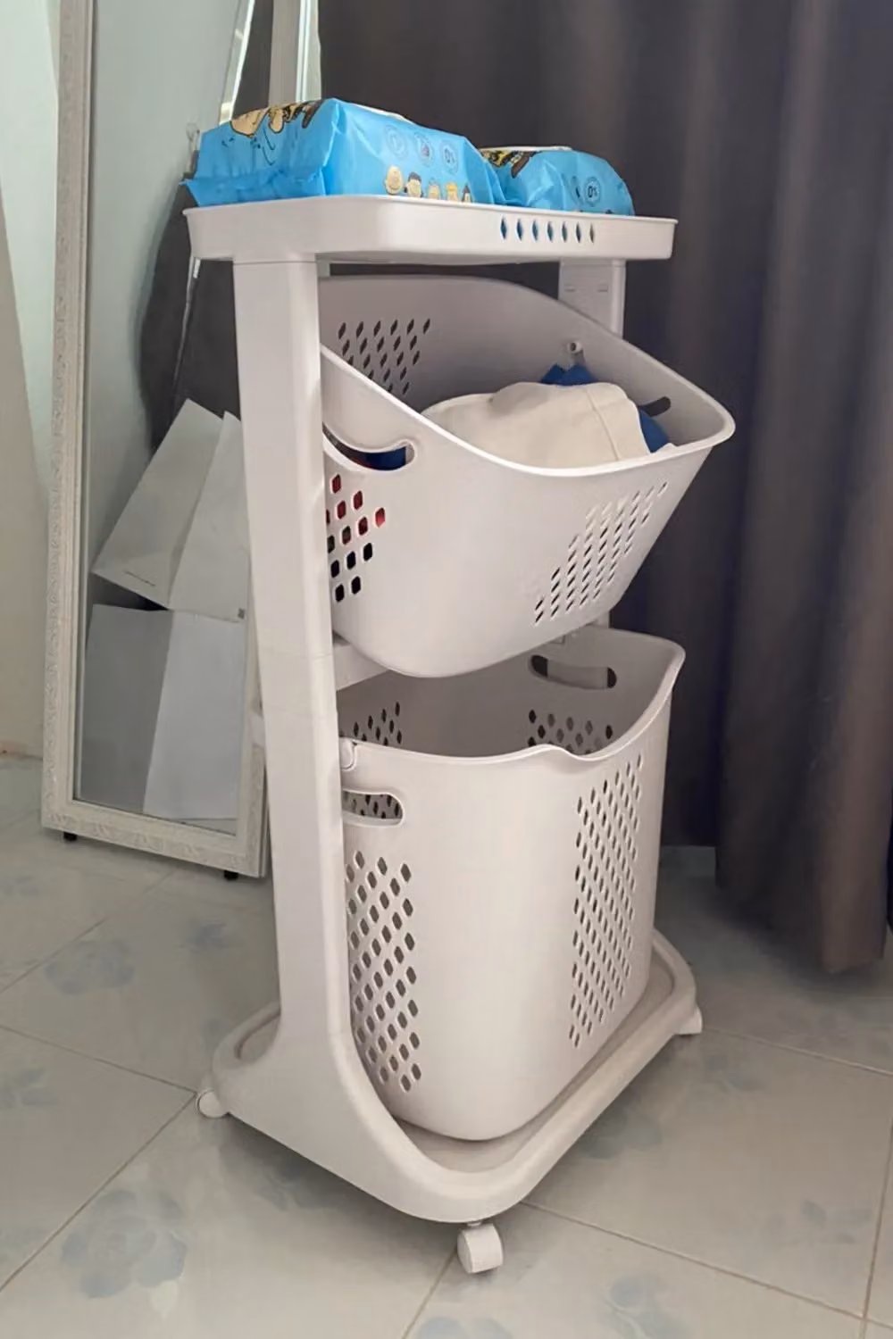 Living and Home 2 Compartment Rolling Laundry Basket and Bathroom Clothes Storage in White – 3