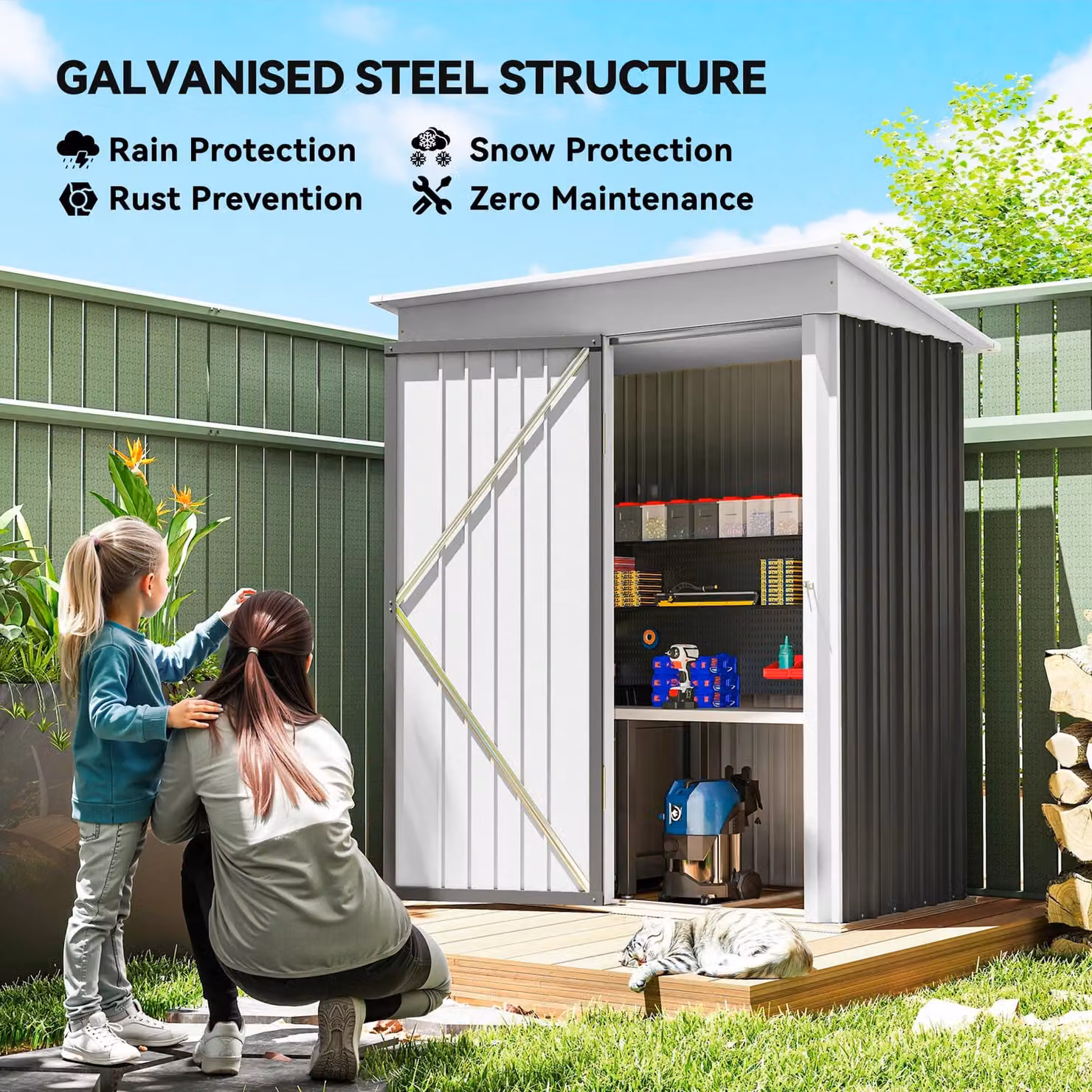 Outsunny Steel Lean-to Garden Storage Shed with Lock and Shelving, Dark Grey, H: 181.0 cm x W: 95.0 cm x D: 38.5 cm – 4