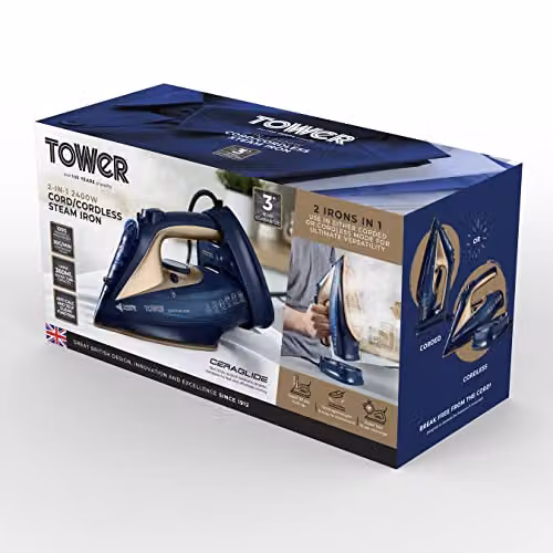 Tower T22008BLG CeraGlide Cordless Steam Iron with Ceramic Non-Stick Soleplate, Blue and Gold – 9