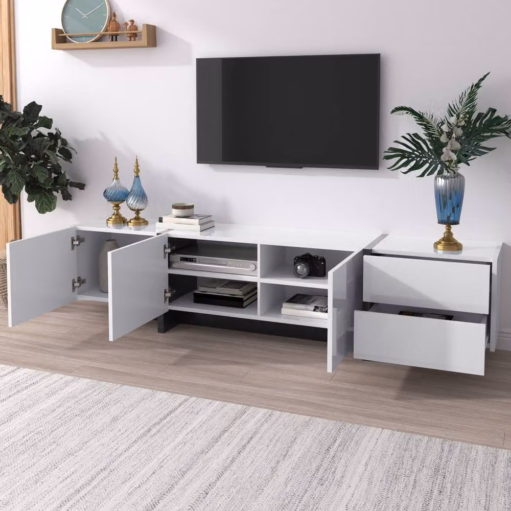 ModernLuxe Modern Glossy White TV Cabinet Lowboard with Doors, Drawers and Shelves, W/D/H: 190.0 x 45.0 x 41.05 cm – 4