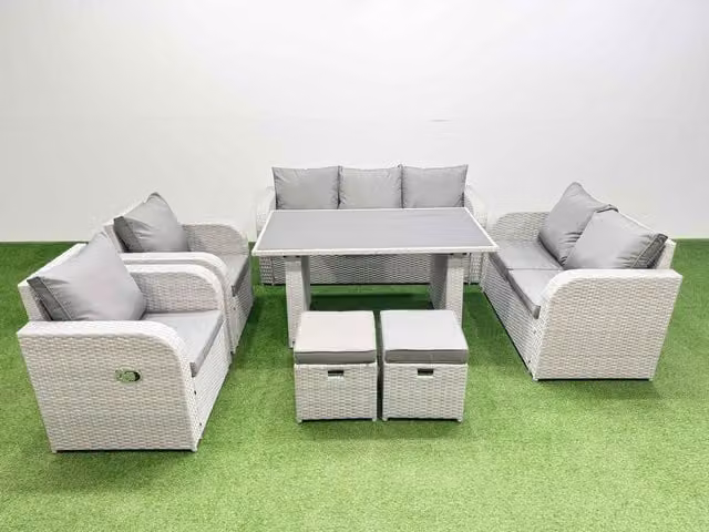Fimous 9 Seater Modern Rattan Garden Furniture Set with 2 Small Stools in Light Grey