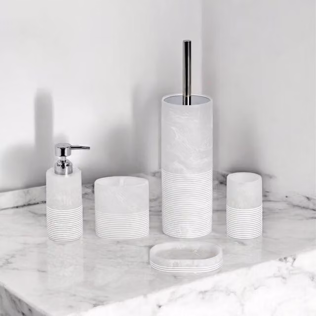 Showerdrape Bianco Frost Onyx White Striped 5 Piece Resin Bathroom Accessory Set