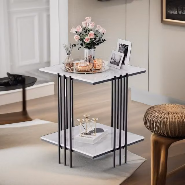Pirlo Plush 2 Tier Square Faux Marble Side Table in Black and White with Gold Accents – 1