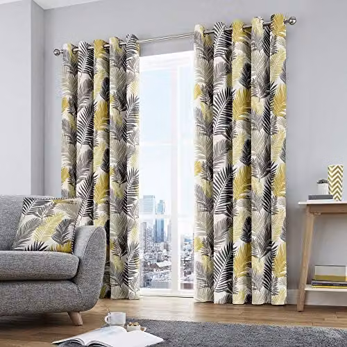 Fusion Tropical Floral Cotton Eyelet Curtains in Yellow, Width: 229 cm, Drop: 183 cm – 1