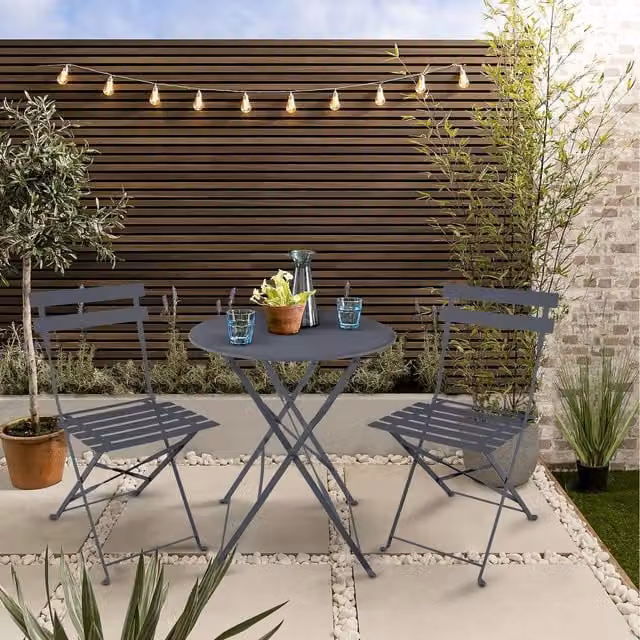 Noa and Nani Lucerne Bistro Set with Round Table and 2 Folding Chairs in Matt Black Powder Coated Steel