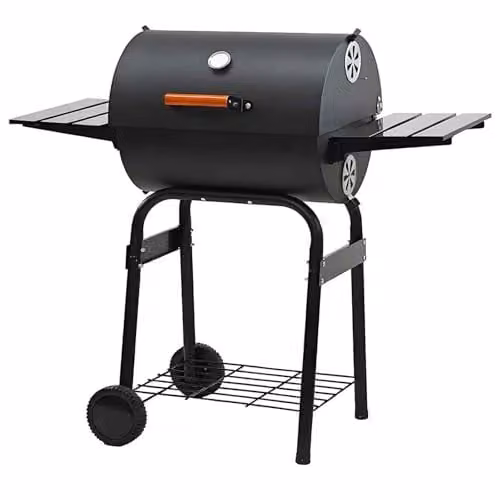 Gr8 Garden Large Charcoal BBQ Barrel Grill Smoker in Black or Grey with Thermometer, Warming Rack and Wheels – 1