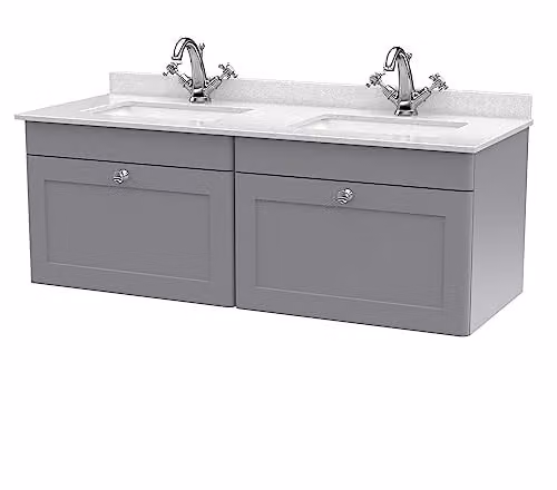 nuie Classique Traditional Wall Hung Bathroom Vanity Unit with 2 Drawers, Marble Worktop and Square Basin, Satin Grey and White, W: 120 cm, D: 47 cm, H: 50.9 cm