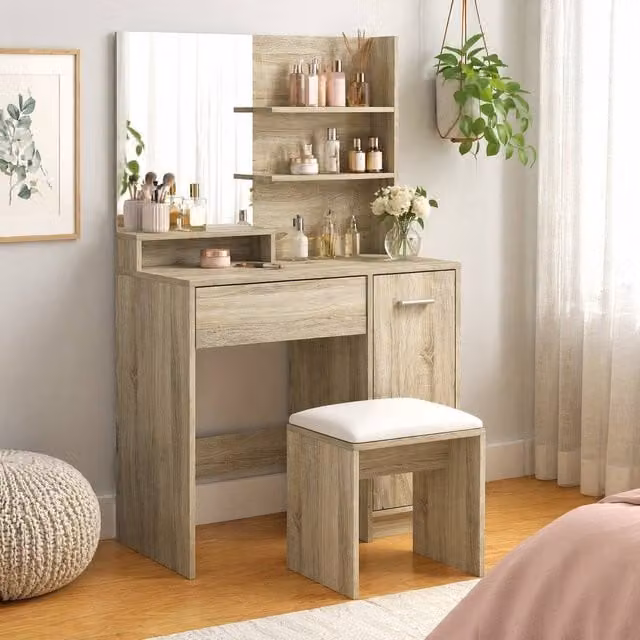 STILVORA Modern Dressing Table and Stool Set with Storage in Sand and Brown – 1