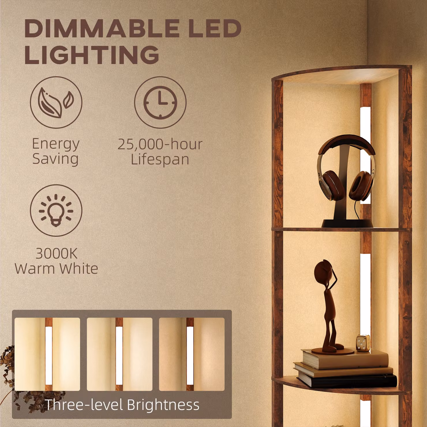 HOMCOM Floor Standing LED Lamp with Shelves, Dimmable 3000K Warm White Light, Rustic Brown – 4