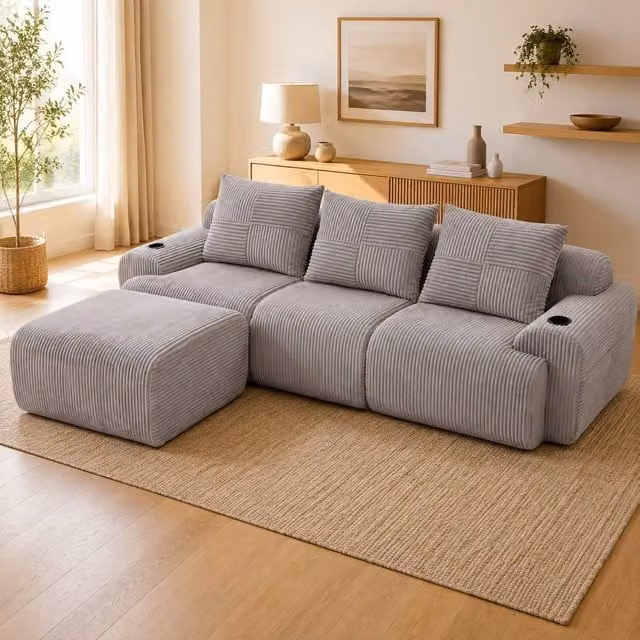 STILVORA 3-Seater Modular L-Shape Sofa in Grey with Cup Holders and Upholstered Frame – 1