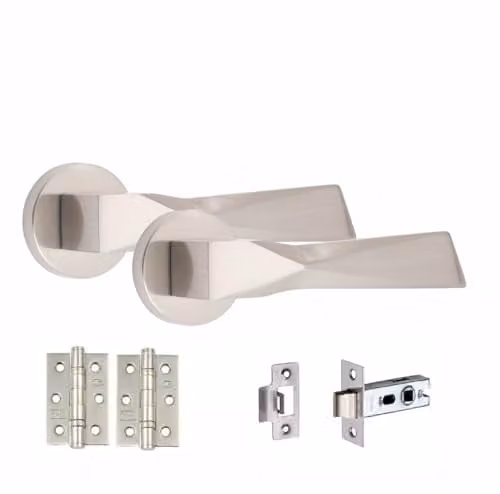 Golden Grace Aura Door Handles with Latch and Hinges in Chrome Silver
