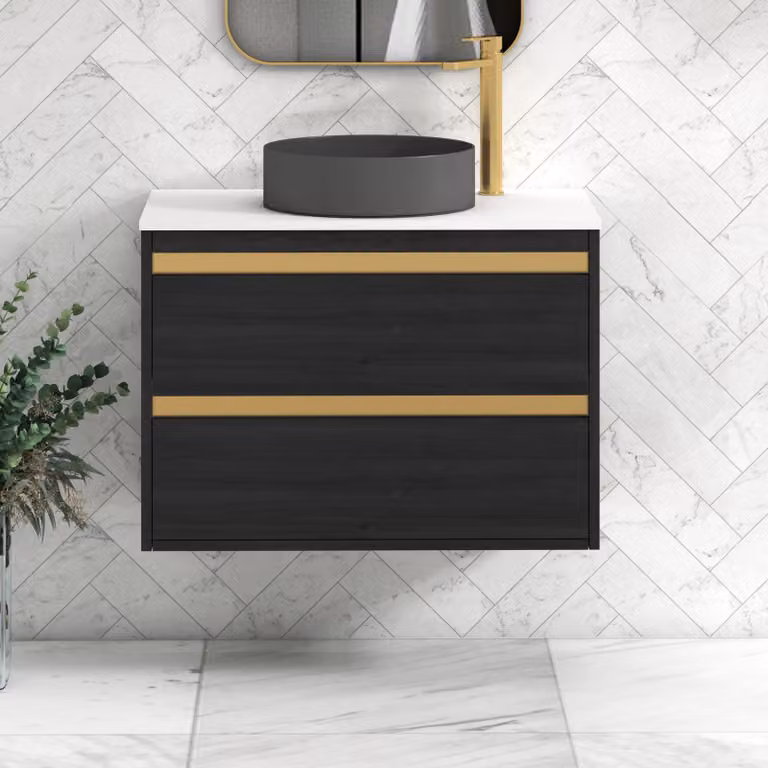 Royal Bathrooms Orion 800mm Hale Wall Hung Vanity Unit with 2 Drawers, White Countertop and Art Round Basin, Black with Brushed Brass Accents