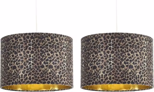 First Choice Lighting Esme Set of 2 Leopard Print Easy Fit Pendant Lamp Shades, Multicolour and Gold/Brass, Diameter: 30 cm