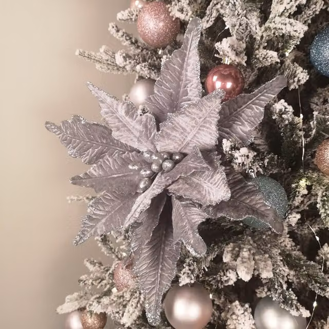 Samuel Alexander Silver Velvet Poinsettia Stem Christmas Decoration with 2 Flowers, Height: 68 cm – 1