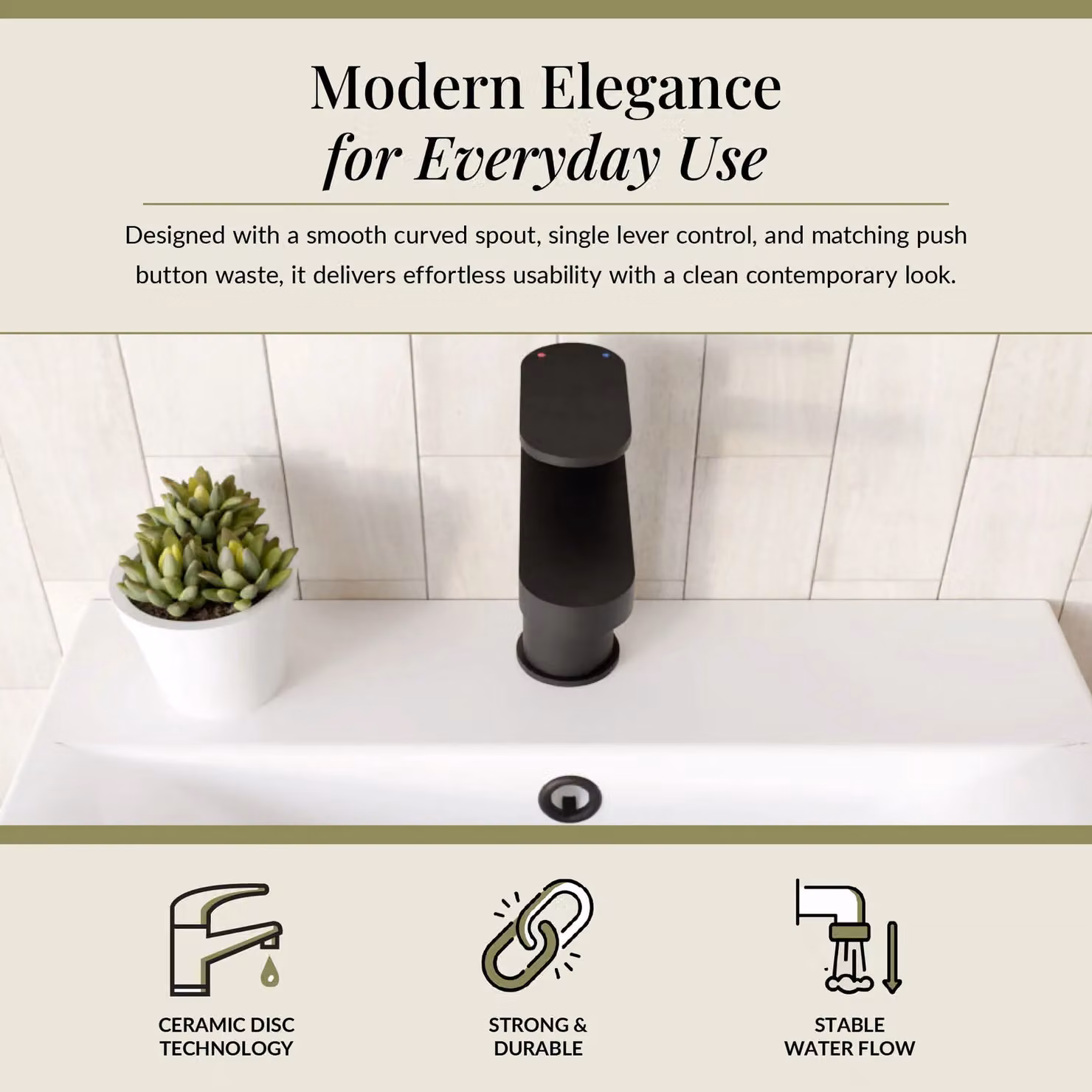 Balterley Current Round Mono Basin Mixer Tap with Push Button Waste, Matt Black – 2