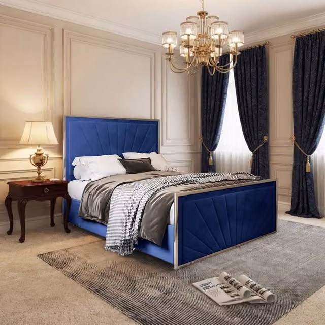 KDMD Waddington Blue Velvet Upholstered Metal Designer Bed Frame, W/D/H: 90 x 200 x 137 cm
