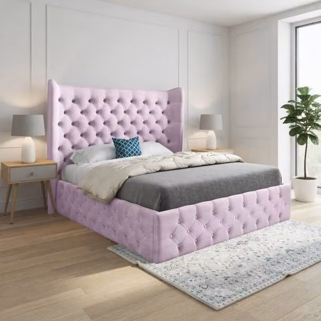 Casani Ickham Small Double Upholstered Wide Winged Designer Bed Frame in Pink Soft Velvet, W/D/H: 137 x 120 x 159 cm