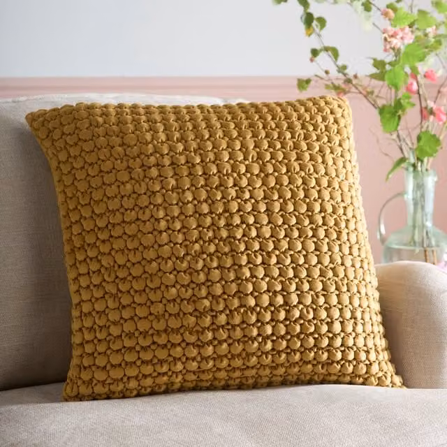Appletree Bobble Velvet Filled Cushion in Yellow, W/D/H: 55 x 55 x 55 cm – 1