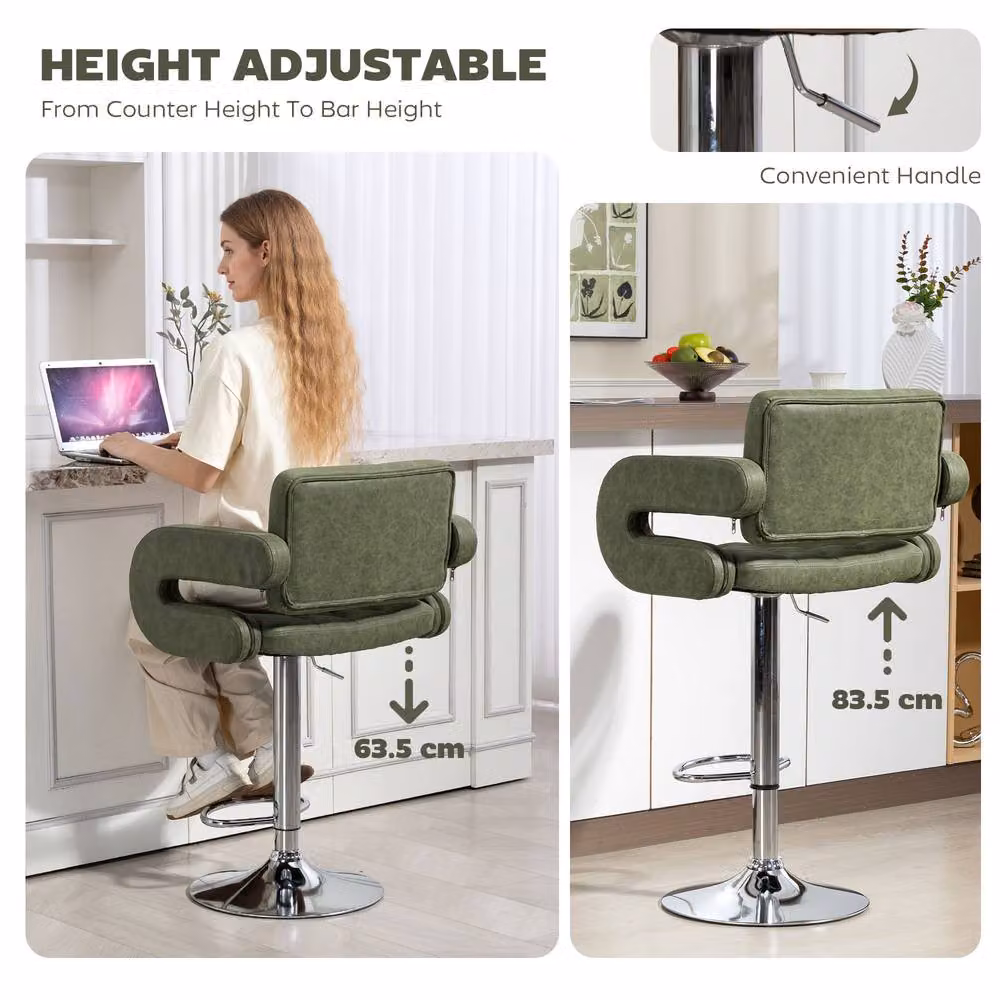 STILVORA Height Adjustable Swivel Bar Stool in Green Synthetic Leather with Armrests – 4