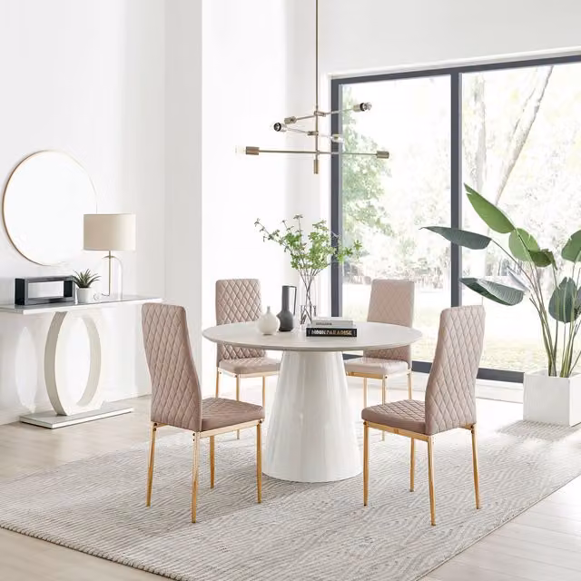 FurnitureboxUK Palma Beige Stone Effect Round Dining Table and 4 Milan Gold Leg Chairs in Cappuccino