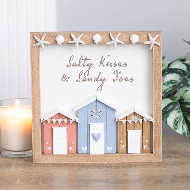 Uniqueful Salty Kisses 3D Shell Beach Hut Wall Plaque, Multicolour Maritime Wood Decor