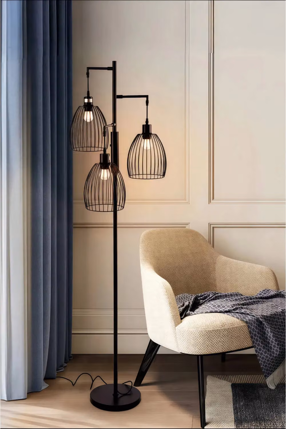Living and Home Black Modern Industrial Style 3-Head Metal Floor Lamp with Irregular Organic Shades, H 160 cm x W 45 cm x D 45 cm – 2