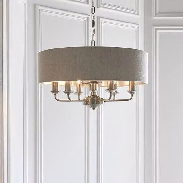 Netlighting Highclere Single Shade Pendant Light with Brushed Chrome Plate and Grey Natural Linen Fabric