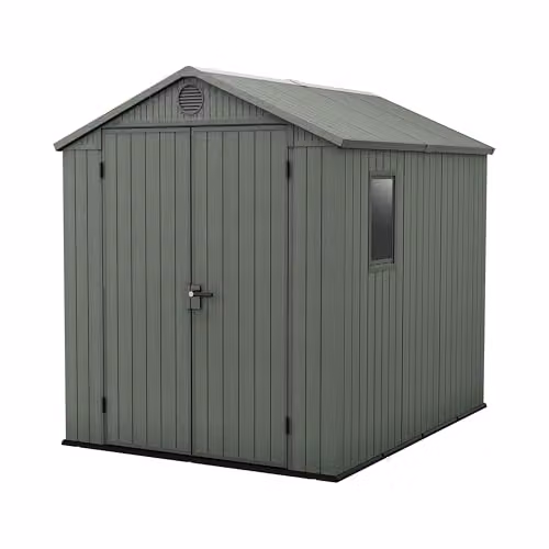 Keter Darwin Outdoor Resin Garden Shed in Green Evotech+ Wood-Look with Double Doors and Window