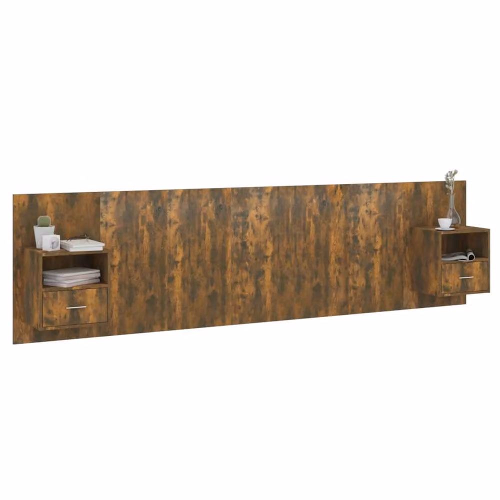 Berkfield Home Bed Headboard with Integrated Nightstands in Smoked Oak Brown Engineered Wood – 2