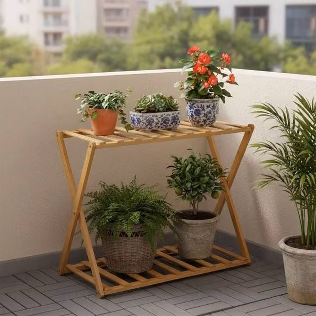 FORGEVIO 2-Tier Natural Wood Plant Stand in Brown and Beige – 1