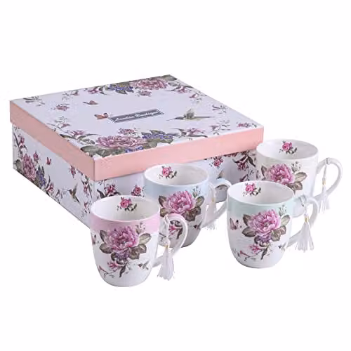 London Boutique Set of 4 Floral Ceramic Porcelain Mugs in Beige, Pink, Petrol and Blue, 330ml per mug