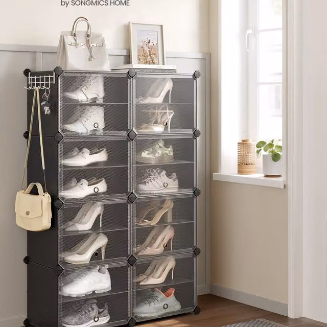 SONGMICS Black Interlocking Shoe Storage Cabinet with Transparent Glass Doors and Ventilation