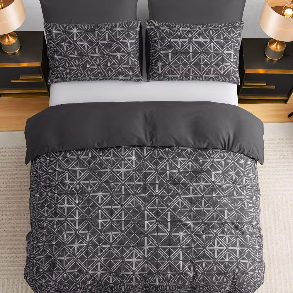 Pamposh Modern Reversible Microfibre Duvet Cover and Pillowcase Set in Black, Double (140 x 200 cm) – 3
