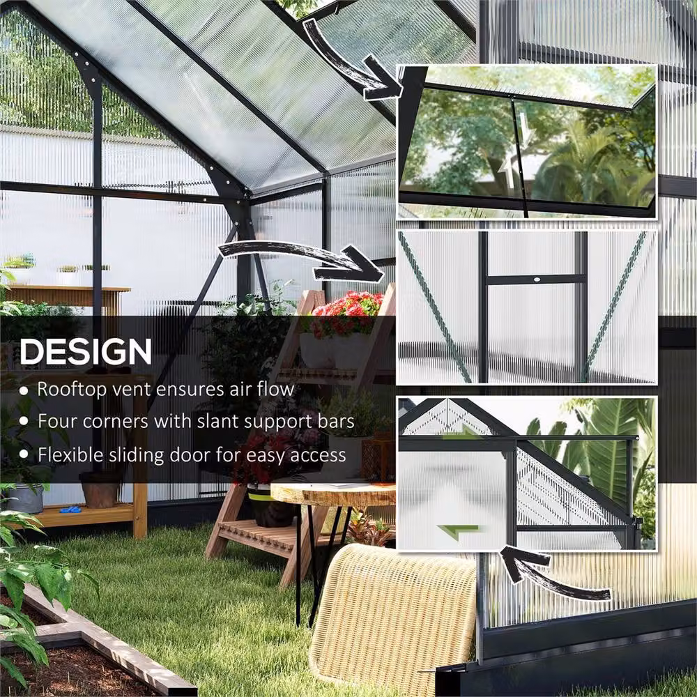 Nordara Black Polycarbonate Walk-In Greenhouse with Aluminium Frame and Sliding Door W/D/H: 100 x 60 x 201 cm – 5