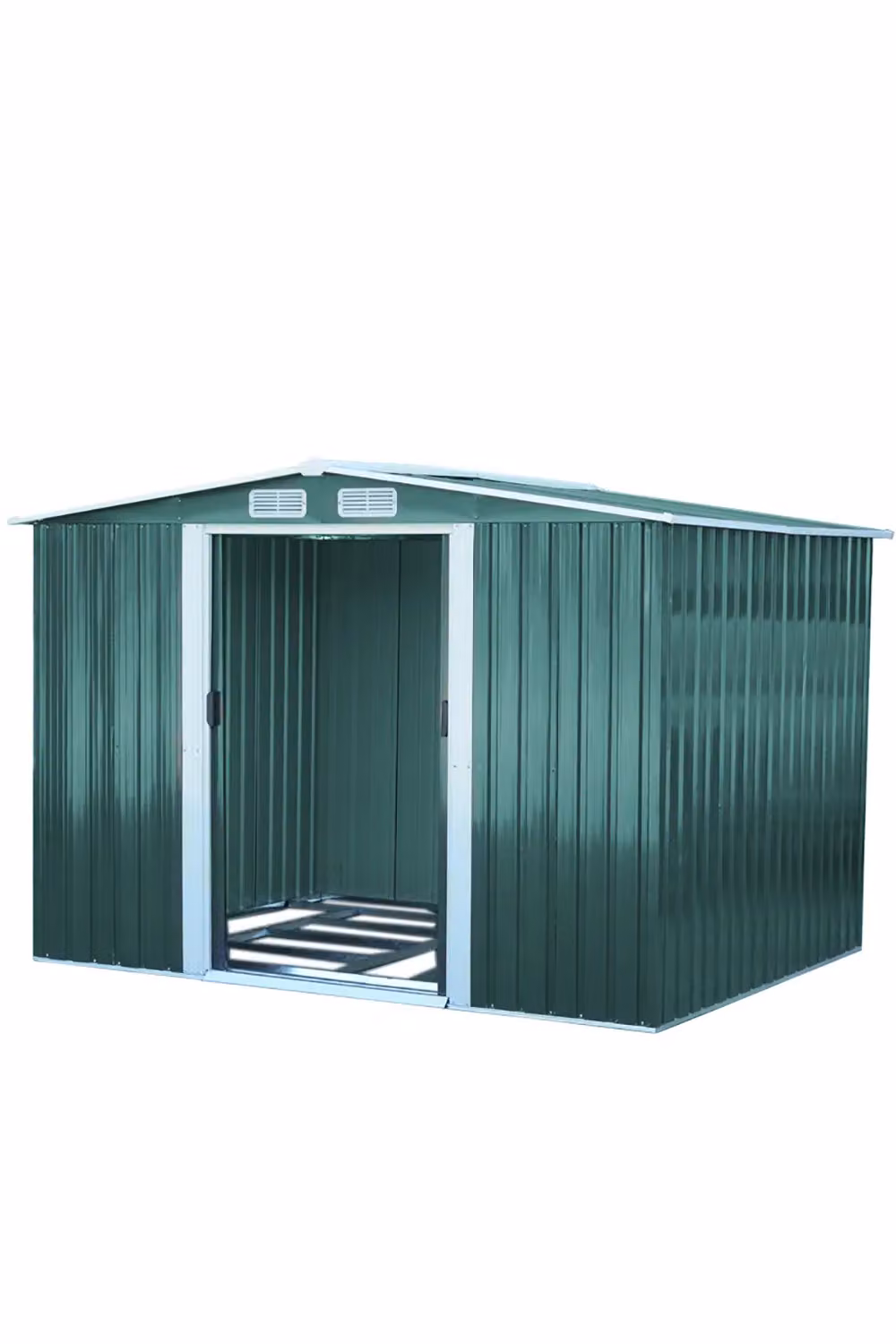 H&O Direct Modern Metal Garden Tool Storage Shed in Green, W/D/H: 257.0 x 178.0 x 205.0 cm – 2