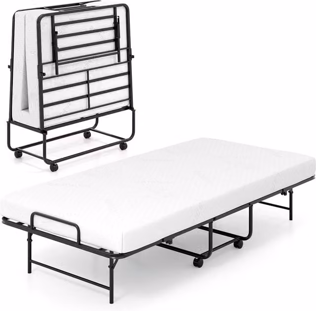COSTWAY Portable Foldable Guest Bed with Metal Frame and Foam Mattress in Black