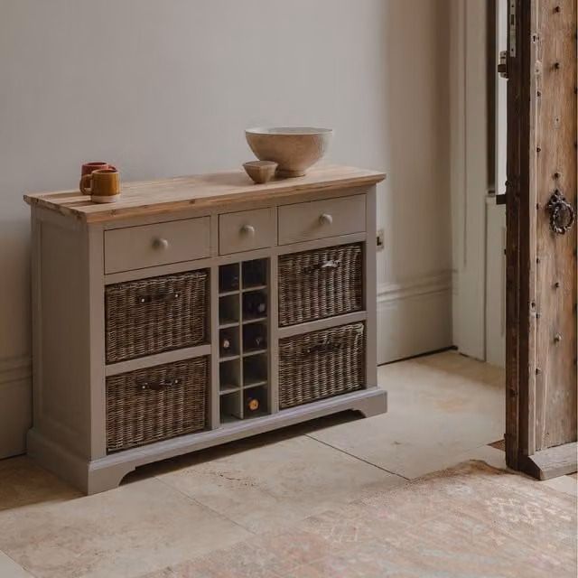 Florence Sideboard with Wine Rack, Baskets and Drawers in Truffle and Grey, W/D/H: 120 x 42 x 85 cm