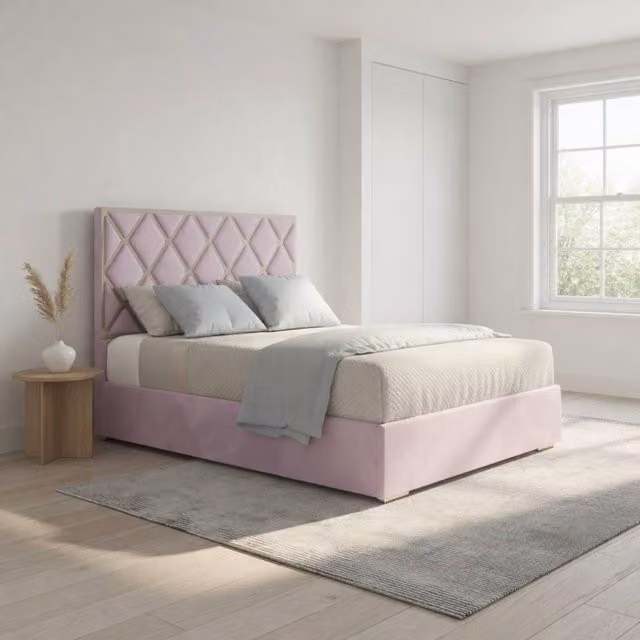KDMD Trentham Single Upholstered Velvet Designer Bed Frame in Pink with Metal Details, W/D/H: 90 x 200 x 127 x 113 cm