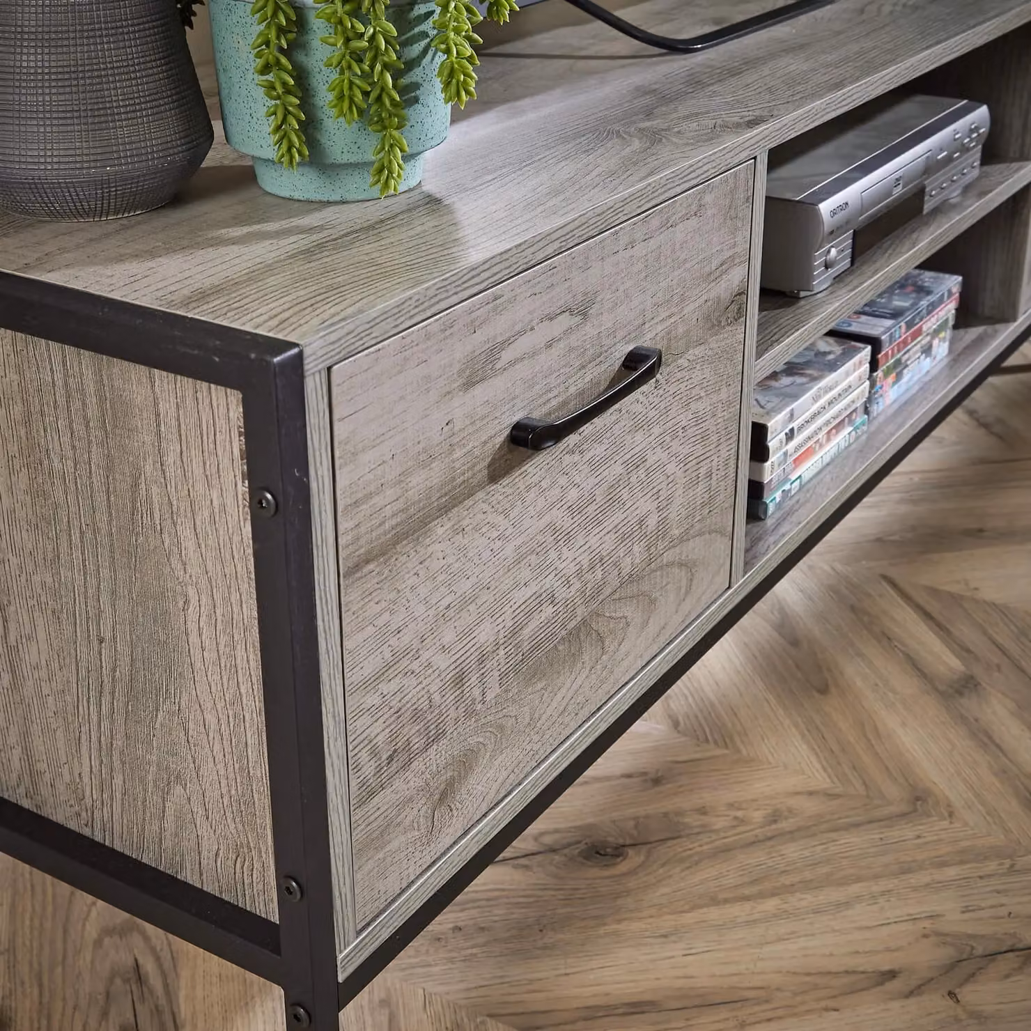 Home Source Industrial TV Unit and Media Stand with 2-Door Cupboard and Shelving in Grey and Black – 3