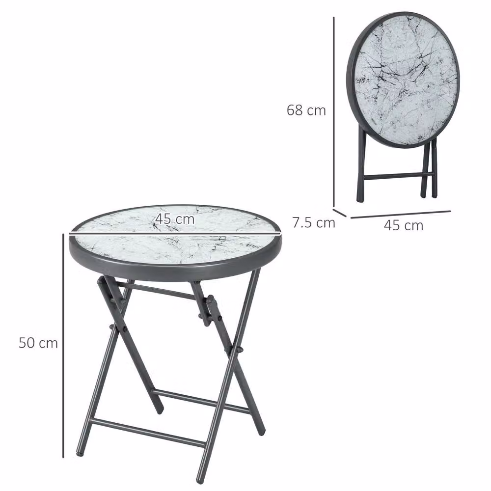 OUTSUNNY Round Folding Side Table with White Imitation Marble Glass Top – 2