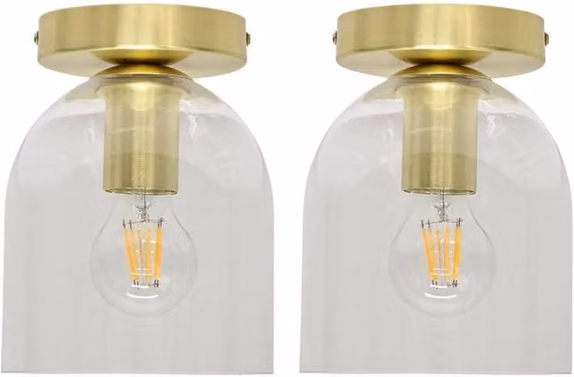 First Choice Lighting Belten Set of 2 Glass Cloche Ceiling Light Fittings in Gold/Brass and Transparent