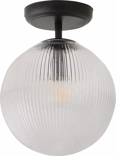 ValueLights Kempton Modern Flush Ceiling Light with Black Ribbed Glass Globe Shade and Bulb