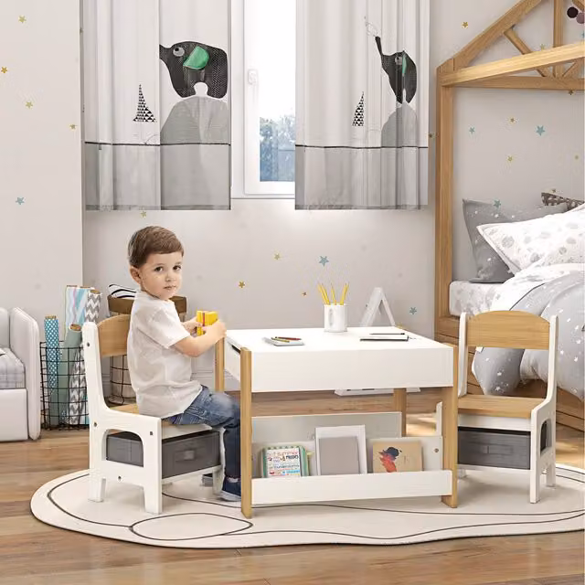 HOMCOM 3-Piece Kids Table and Chair Set in Natural Wood for Nursery, Playroom or Classroom